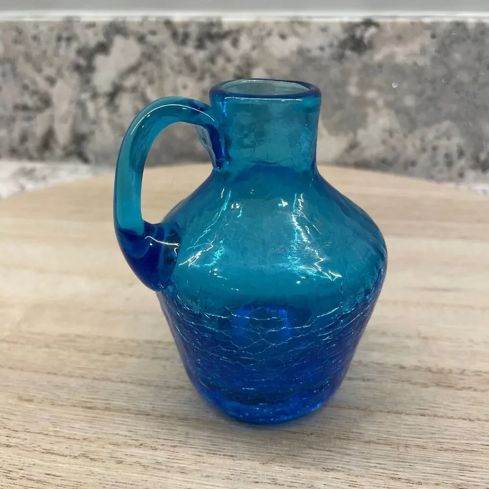 Vintage MCM Cobalt Blue Crackle Glass Mini Pitcher Hand Blown Art Glass 4.5